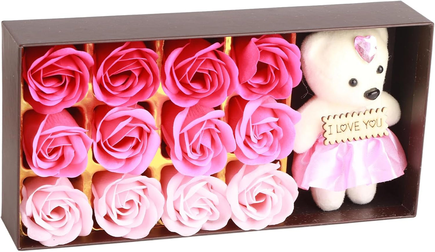Savon De Bain Parfumé Floral Pétales De Fleurs De Rose, Ours En Peluche, Coffret Cadeau Fleur De Savon Pour Cadeau Romantique De La Saint-Valentin(Dégradé Poudre)