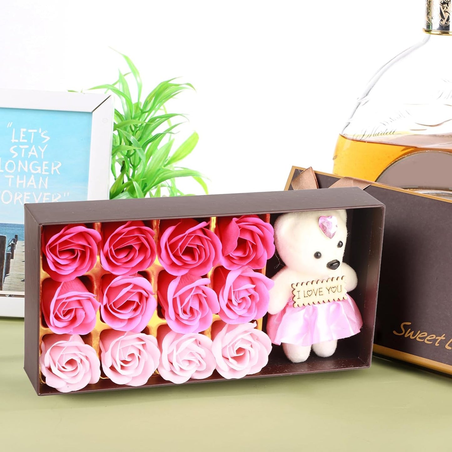 Savon De Bain Parfumé Floral Pétales De Fleurs De Rose, Ours En Peluche, Coffret Cadeau Fleur De Savon Pour Cadeau Romantique De La Saint-Valentin(Dégradé Poudre)