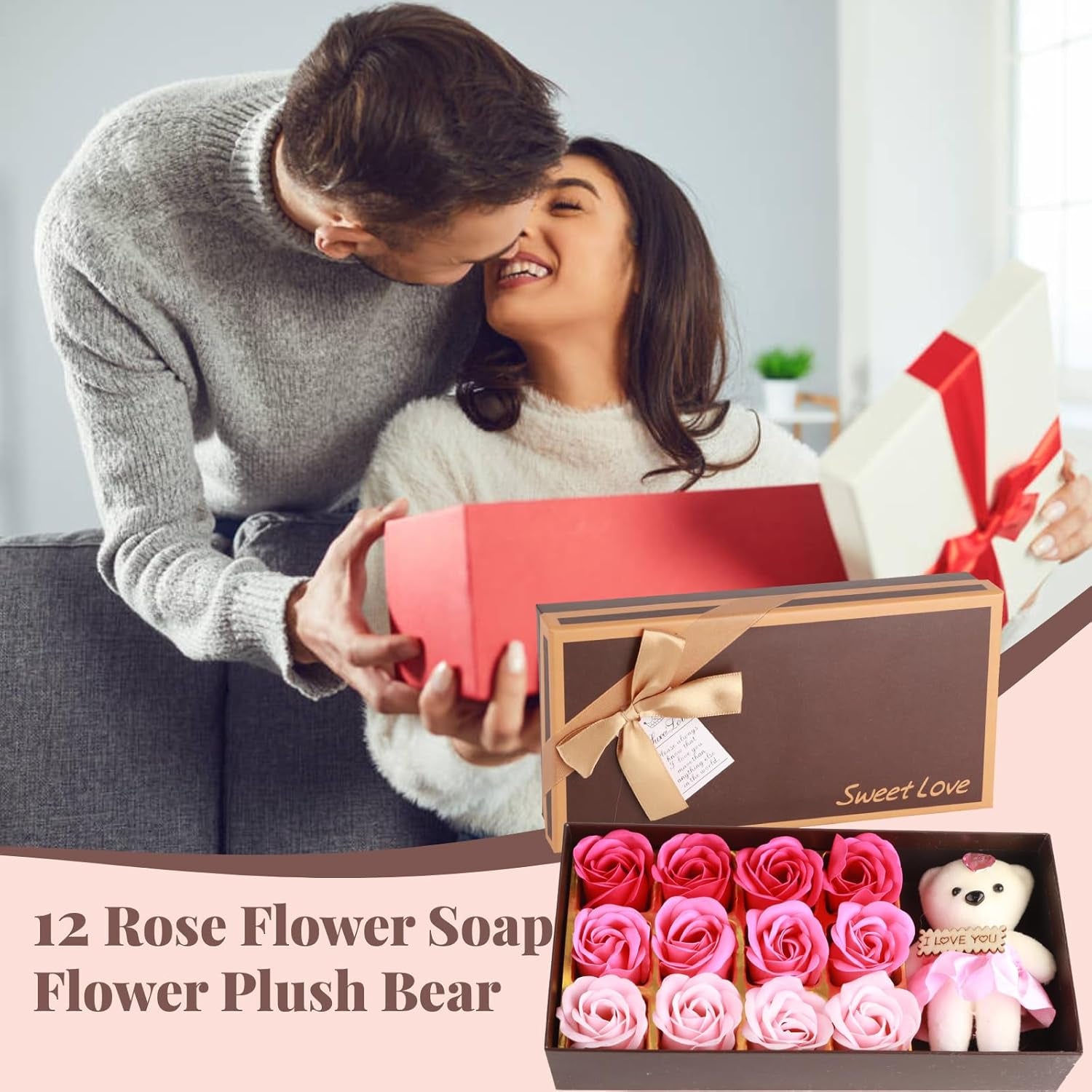 Savon De Bain Parfumé Floral Pétales De Fleurs De Rose, Ours En Peluche, Coffret Cadeau Fleur De Savon Pour Cadeau Romantique De La Saint-Valentin(Dégradé Poudre)