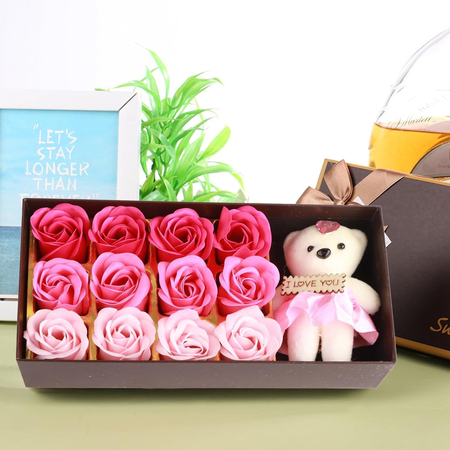Savon De Bain Parfumé Floral Pétales De Fleurs De Rose, Ours En Peluche, Coffret Cadeau Fleur De Savon Pour Cadeau Romantique De La Saint-Valentin(Dégradé Poudre)