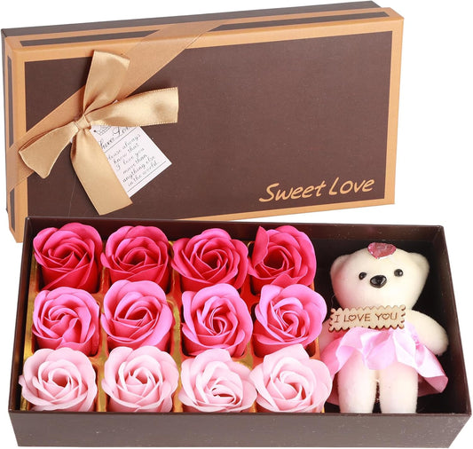 Savon De Bain Parfumé Floral Pétales De Fleurs De Rose, Ours En Peluche, Coffret Cadeau Fleur De Savon Pour Cadeau Romantique De La Saint-Valentin(Dégradé Poudre)